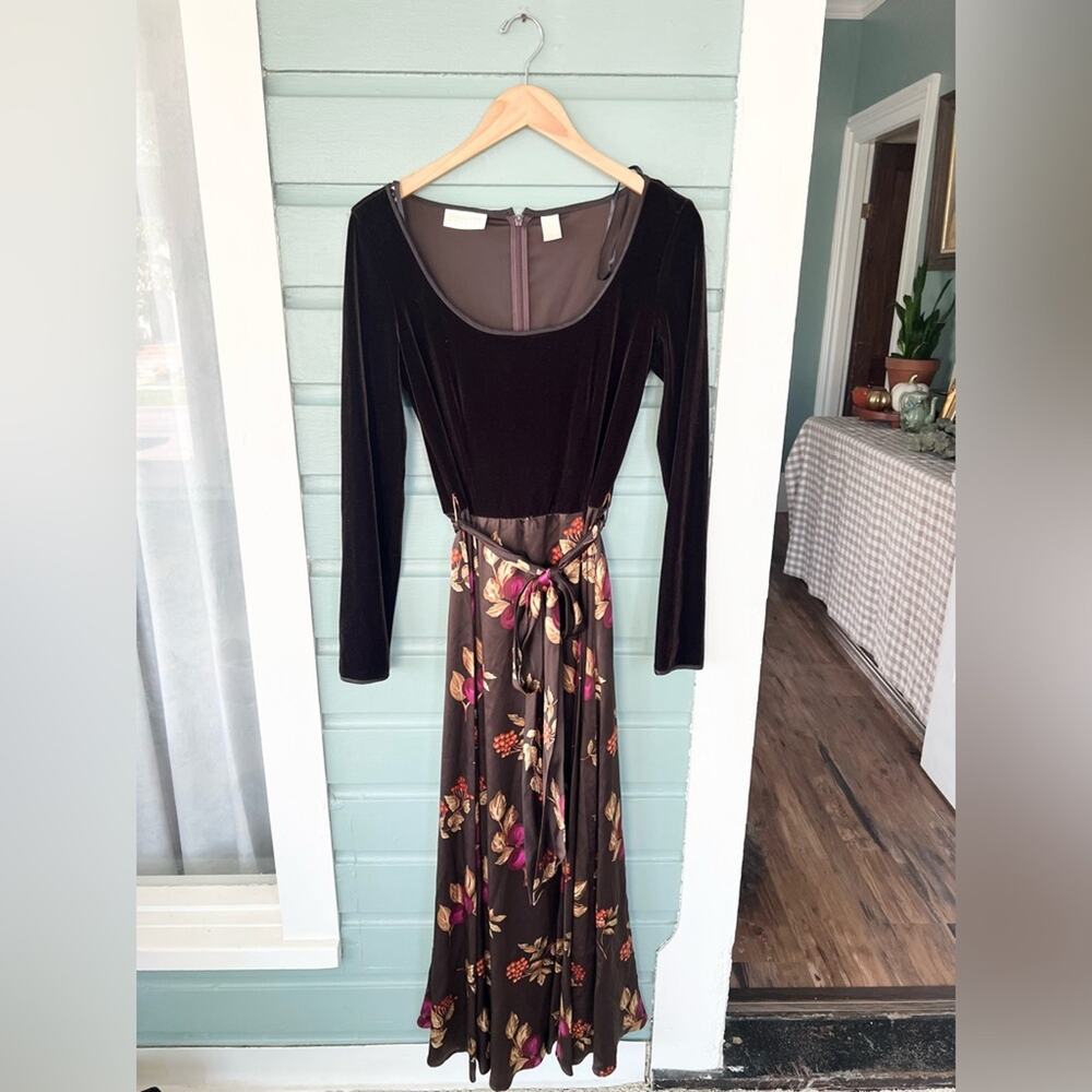 Vintage chocolate brown velvet dress vegetable print beet berries fall maxi 6